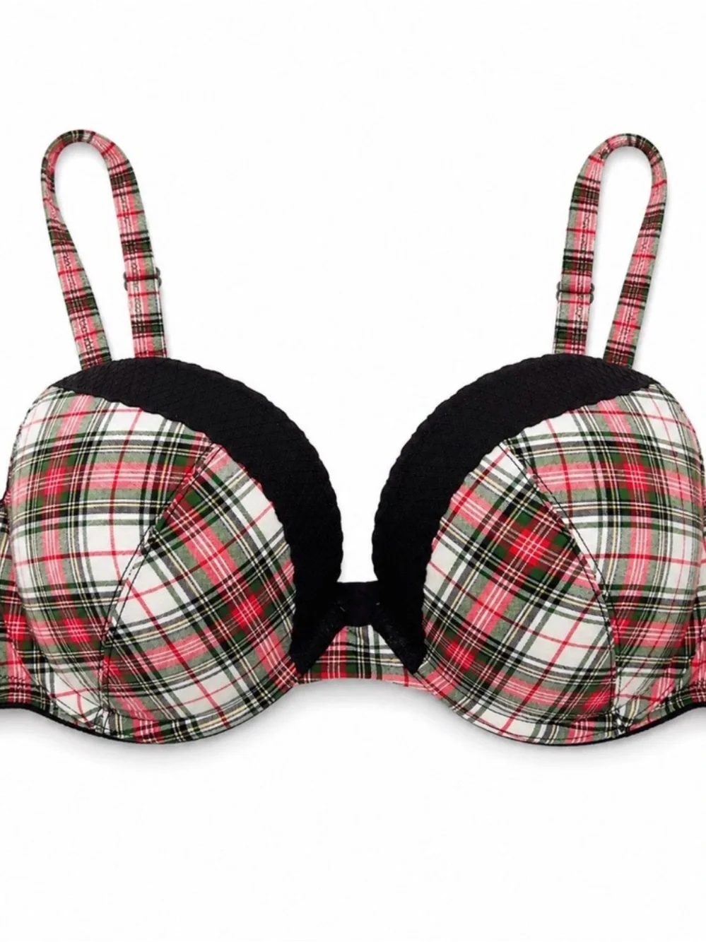 Victoria’s Secret 34D Plaid Tartan Plunge Bra Black Preppy Academia Y2K